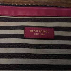 Henri Bendel Black and White Striped Clutch with Pink Trim